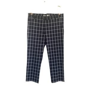 Betabrand Large Navy Windowpane Plaid Crop Stretch Ponte Pull On Pant